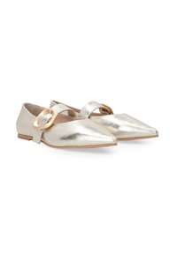Metalické stříbrné ploché boty s špičatou špičkou, popruhem se zlatou přezkou a nízkým dřevěným podpatkem. Hladký povrch a minimalistický design.