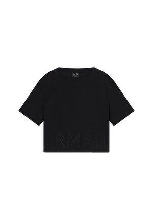 Zwart cropped t-shirt van katoen, met korte mouwen en een gedurfde, reliëf "ARMANI"-logo aan de voorkant.