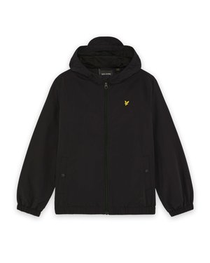 Black hooded zip-up jacket with elastic cuffs, two front pockets with snap buttons, and a small yellow bird logo on the chest.