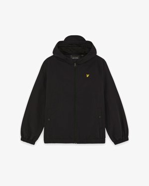 Sort hættejakke med lynlås, elastiske ærmekanter, to forlommer med trykknapper og et lille gult fuglelogo på brystet.