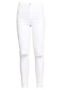 Jeans de mezclilla blanca con cintura alta, ajuste skinny y dos roturas en las rodillas. Presenta un cierre de botón metálico y presillas para cinturón. Textura suave.