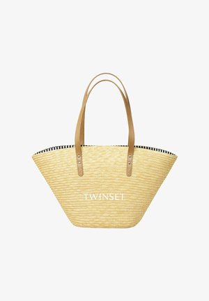 Borsa a tracolla in paglia con manici in pelle color cuoio, rivestimento interno a righe bianche e nere e logo "TWINSET" stampato sulla parte anteriore.