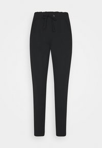 Pantalones jogger negros hechos de tejido suave, con una cintura elástica y cordón, y bolsillos laterales. Diseño ajustado.