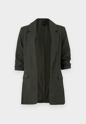 Tmavě zelený blazer vyrobený z texturovaného materiálu, s klopovým límcem, ohrnovacími rukávy a dvěma předními kapsami. Otevřený přední design.