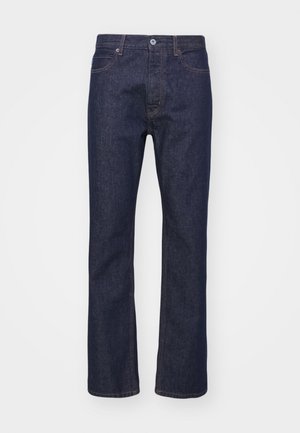 Dark blue straight-leg jeans made of denim, featuring a front button closure, belt loops, and subtle stitching details.