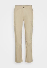Beige cargo kalhoty se rovnou nohavicí, bočními kapsami, zapínáním na knoflík a strukturovanou tkaninou.