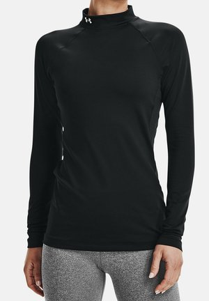 Zwart langärmlig, getailleerd sportshirt met hoge kraag en Under Armour-logo, gedragen door een persoon in grijze textuurlige legging.
