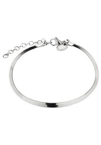 Bracciale tono argento con design a catena a serpente flessibile, dotato di chiusura a moschettone e catena di estensione per una vestibilità regolabile.