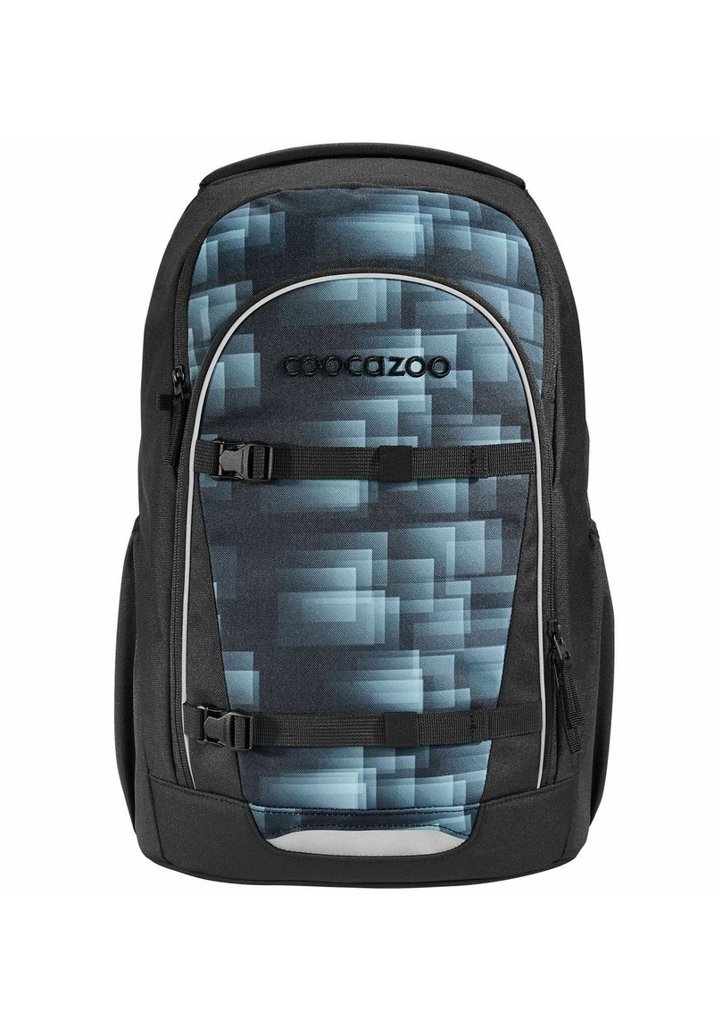 Sac à dos de forme rectangulaire avec un motif géométrique bleu et noir, fabriqué à partir d'un matériau durable, avec des bretelles réglables et des fermetures éclair.