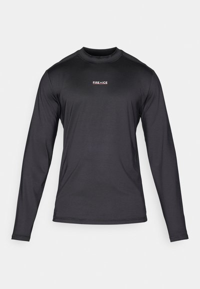 Long-sleeve black athletic shirt made from smooth, lightweight fabric. Features a crew neckline and a small "FIRE+ICE" logo centered on the chest.