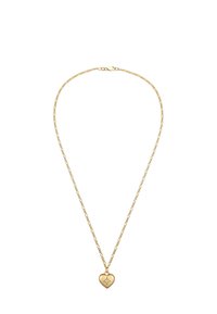 Collana in tono dorato con una catena delicata e un pendente a forma di cuore, decorato con un piccolo e scintillante pietra preziosa.