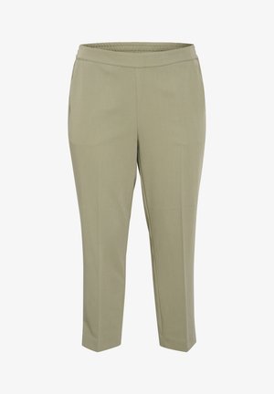 Olive green, elastic waistband trousers with a straight-leg design, featuring side pockets and a smooth, lightweight fabric texture.