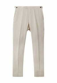 Pantalons en lin beiges avec une coupe droite, dotés de deux poches latérales et de boutons noirs au niveau de la taille. Texture lisse et légère.