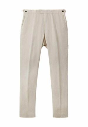 Beige linen trousers with a straight cut, featuring two side pockets and black button accents at the waistband. Smooth, lightweight texture.