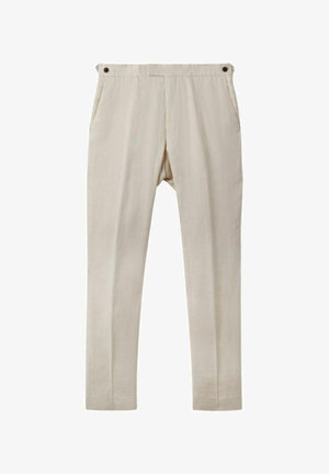 Bež lanene hlače ravnega kroja, z dvema stranskima žepoma in črnimi gumbnimi poudarki na pasu. Gladka, lahkotna tekstura.