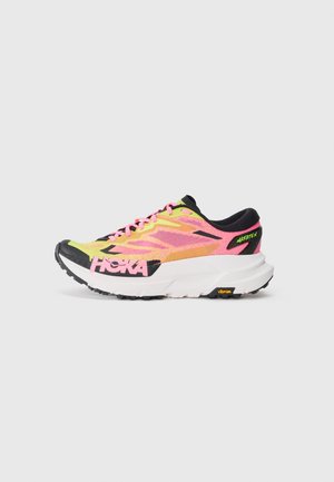 Running shoe in yellow, pink, and black mesh upper with a white midsole and textured outsole. Features the brand logo on the side.