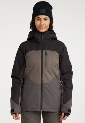 Insulated jacket with a black and gray color scheme, featuring a textured midsection, zippered pockets, and a hood. Soft fabric cuffs.