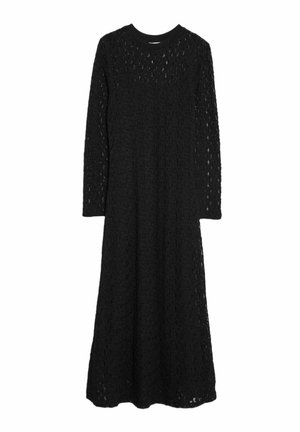 Abito nero a maniche lunghe in pizzo con un motivo floreale, dotato di scollatura rotonda e vestibilità ampia. La texture è morbida e a maglia aperta.
