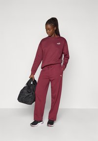 Küpsisepruuni värvi dressipluus ja püksid pehmest kangast, millel on PUMA logo. Must spordikott käes, jalas tossud, mis täiendavad komplekti.