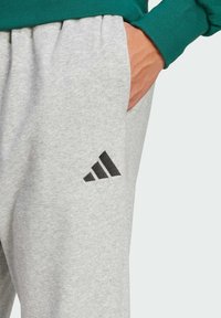 Sive trenerke s elastičnim pojasom, bočnim džepovima i crnim Adidas logotipom s lijeve strane. Glatka, mješavina pamuka.