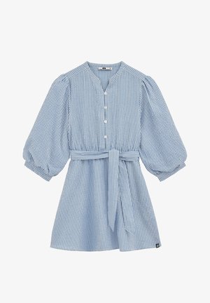 Plava i bijela haljina na pruge s balon rukavima, prednjim zakopčavanjem na gumbe, vezicom u struku i opuštenim krojem. Izrađena od lagane tkanine.