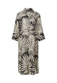 Kurzärmeliges, knöpfbares Kleid aus leichtem Stoff. Es zeichnet sich durch ein schwarz-weißes Blättermuster aus, hat eine lockere Passform und einen Saum, der über die Knie reicht.