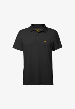 Czarny polówka z gładkiego materiału, z trzykropkowym zapięciem i małym żółtym logo misia po lewej stronie klatki piersiowej.