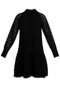 Schwarz kleid mit hohem kragen, langen ärmeln und schwingendem rock. Aus strukturiertem spitzenmaterial mit einem lochmuster und gewellten kanten gefertigt.