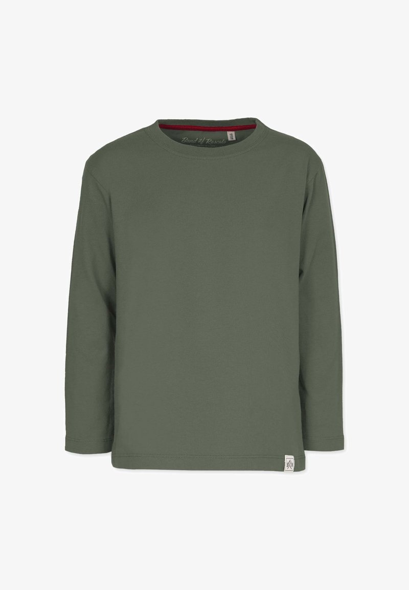 Langarmshirt aus olivgrüner Baumwolle. Mit Rundhalsausschnitt und rotem Innenfutter sowie einem kleinen Etikett am unteren Saum. Angenehme, glatte Textur.