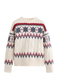 Vastag krémszínű kötött pulóver piros és tengerészkék geometriai mintákkal, hópelyhekkel, valamint bordázott mandzsettákkal és szegéllyel. Nehéz anyagú, laza szabású.