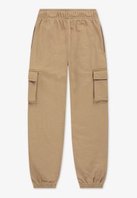 Beige cargobukser laget av mykt stoff, med to sidelommer, elastisk midjebånd og elastiske mansjetter. Enkel, funksjonell design.