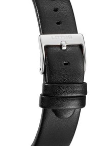 Bracelet de montre en cuir noir avec boucle en métal argenté gravée du mot "LOTUS", montrant des trous de réglage et deux boucles en cuir.