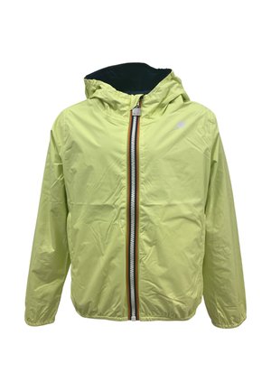 Giacca verde chiaro con cappuccio, cerniera frontale e polsini elasticizzati, mostrata su sfondo bianco.