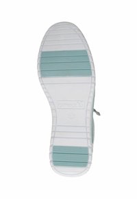 Witte schoenzool met een gestructureerde grip, voorzien van een blauwgroene streep en verticale ribbels. Merknnaam "Caprice" in reliëf op de zijkant.