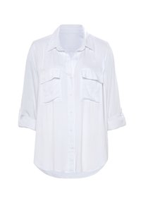 Weißes Hemd mit Button-Up, leichtes Material, zwei Brusttaschen, hochgekrempelte Ärmel, abgerundeter Saum, glatte Textur und klassisches Kragendesign.