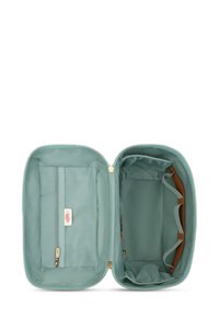 Muntgroene reistas met ritssluiting, binnenste gaasvak, elastische lussen en een zachte voering. Voorzien van goudkleurige ritssluiting. 