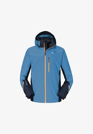 Veste imperméable bleue en matériau léger, dotée d'une capuche, d'une fermeture éclair orange et d'accents noirs avec un petit logo sur la poitrine.