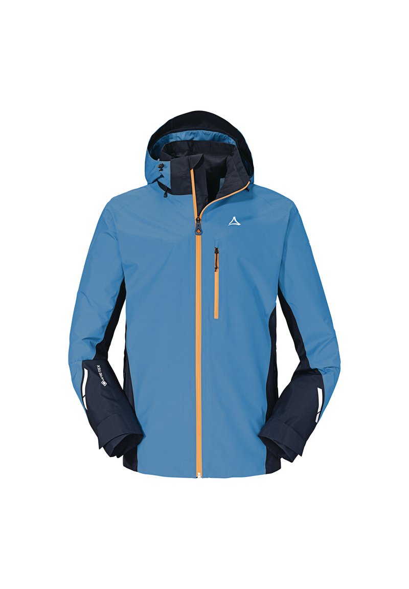 Blaue wasserdichte Jacke aus leichtem Material, mit Kapuze, orangefarbenem Reißverschluss und schwarzen Akzenten sowie einem kleinen Logo auf der Brust.