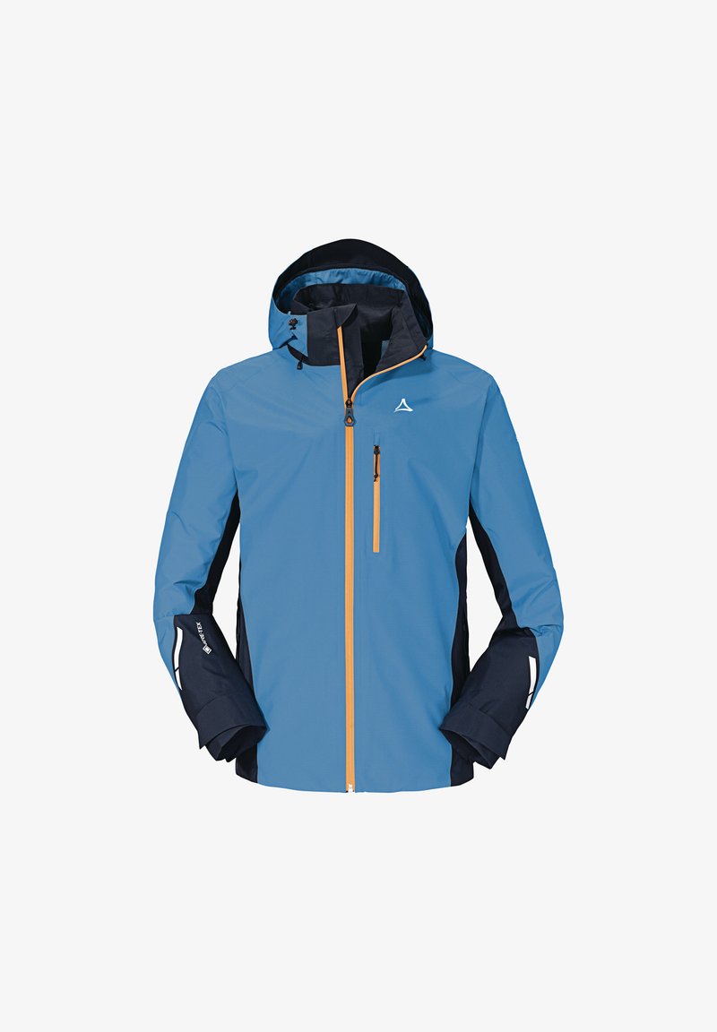 Giacca impermeabile blu realizzata in materiale leggero, con cappuccio, zip arancione e dettagli neri, dotata di un piccolo logo sul petto.