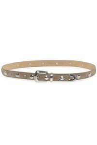Beige suede belt with silver hardware, featuring circular studs evenly spaced along its length. Classic buckle and adjustable holes.