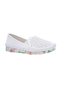 Witte instapschoenen met geperforeerde bovenkant, zool met een bloemenpatroon featuring roze flamingo's en groene bladern. Gladde textuur, lichtgewicht ontwerp.