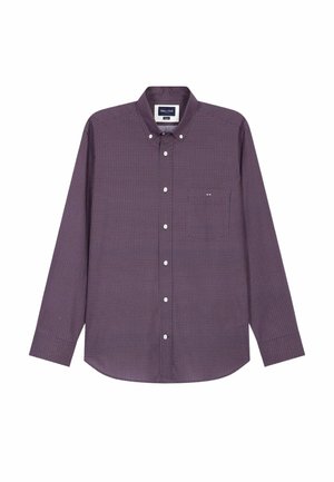 Chemise à manches longues à boutons de couleur violet foncé avec un petit motif géométrique. Présente une poche poitrine et un col. 