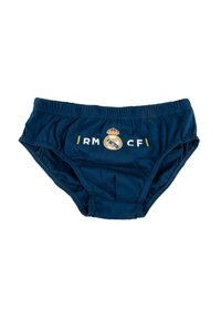 Mutande blu navy in stile slip con il logo del club calcistico Real Madrid e le iniziali "RM CF" al centro anteriore.