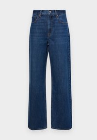Jeans de pierna ancha de color azul oscuro, fabricados en denim, con una cintura alta, diseño de cinco bolsillos y costuras visibles a lo largo de las costuras.