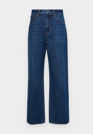 Mörkblå vida jeans i denim med hög midja, femfickorsdesign och synlig sömnad längs sömmarna.