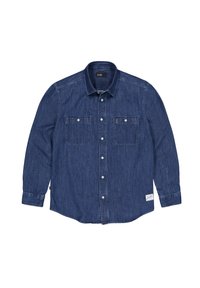 Donkerblauwe denimshirt met lange mouwen, knoopsluiting aan de voorkant, twee borstzakken en een zijlabel. Gestructureerde stof met een klassieke kraagontwerp.