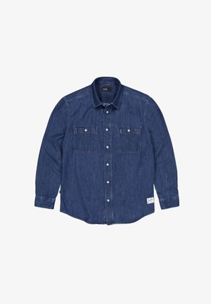 Donkerblauwe denimshirt met lange mouwen, knoopsluiting aan de voorkant, twee borstzakken en een zijlabel. Gestructureerde stof met een klassieke kraagontwerp.