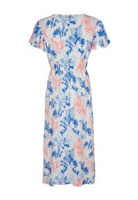 Robe midi blanche avec manches courtes volantées et motif imprimé récif corallien bleu et corail.