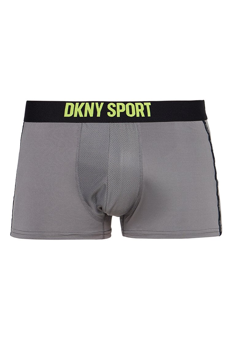 Graue sportliche Boxershorts mit einem schwarzen Bund, der "DKNY SPORT" in Neon-Grün trägt. Glattes Gewebe mit einem Netz-Frontpanel und seitlichen Akzenten.