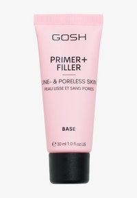 GOSH primer i en lyserød tube med sort base, mærket "PRIMER+FILLER," designet til at minimere linjer og porer, kapacitet 30 ml.